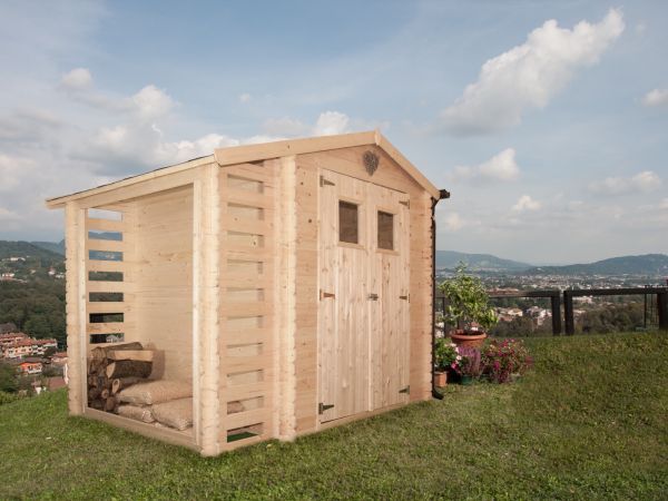 Casetta da Giardino in Legno Grezzo di Pino con Legnaia - AVA 200 x 200